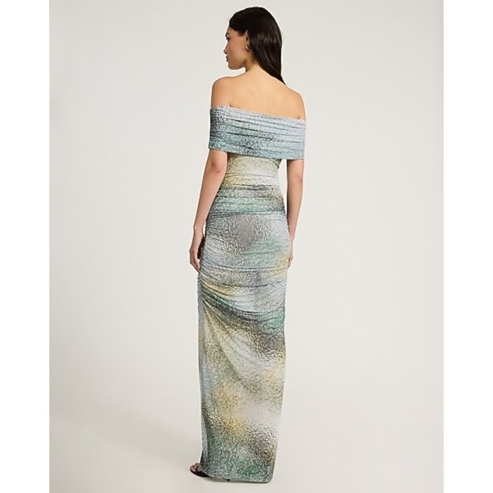 Express Womens Abstract Print Ruched Off The Shoulder Mesh Maxi Dress Green M - Picture 3 of 9